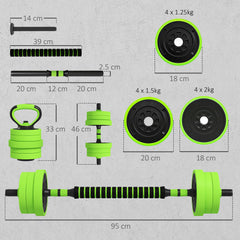PURE 20kg Four-In-One Adjustable Weight Dumbbells Set, Barbell, Kettlebell, Push Up Stand - Green