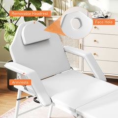 PURE Portable Massage Table, 3 Section Adjustable Beauty Bed, Foldable Massage Bed with Face Hole, Recliner Chair with Removable Headrest and Armrests for Spa, Lash, Tattoo, White