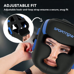 PURE Boxing Headguard w/ Adjustable Strap for Sparring, Kickboxing, MMA, Blue/Black