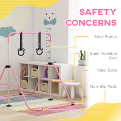 PURE Adjustable Height, Foldable Kids Gymnastics Bar w/ Non-slip Rubber Floor Rings, for 3+ Years, Pink