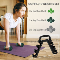 PURE Dumbbells Set with Storage Rack, 2 x 1kg, 2 x 3kg, 2 x 5kg, Green