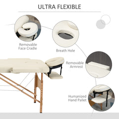 PURE Portable Massage Bed, Folding Spa Beauty Massage Table with 2 Sections, Carry Bag and Wooden Frame, Cream