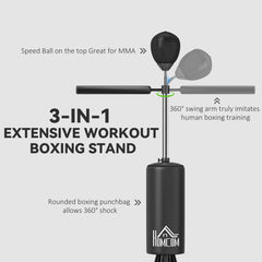 PURE 155-205cm 3-IN-1 Freestanding Boxing Punching Bag Stand, Boxing Speed Trainer with Rotating Flexible Arm, Speed Ball, Fillable Base, Black