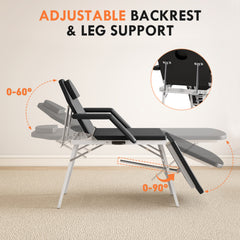 PURE Portable Massage Table, 3 Section Adjustable Beauty Bed, Foldable Massage Bed with Face Hole, Recliner Chair with Removable Headrest and Armrests for Spa, Lash, Tattoo, Black