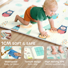 PURE Foldable Baby Plat Mat Double Sided, Kids Floor Mat for Crawling, 195.5L x 147.5W cm, Car track and Owl Theme