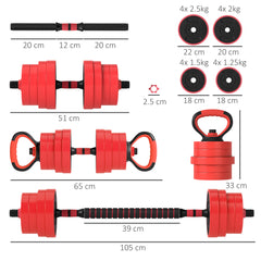 PURE 30kg Four-In-One Adjustable Weight Dumbbells Set, Barbell, Kettlebell, Push Up Stand - Red