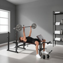 PURE Weight Bench with Two Barbell Racks, Leg Curl Machine, Preacher Curl Bench, Black