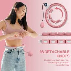 PURE Smart Weighted Hula Hoop, Massage Hula Ring w/ 16 Detachable Knots, 360° Auto-Rotating Ball, Digital Counter, Pink
