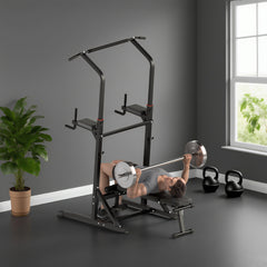 PURE Pull Up Station with Adjustable Weight Bench, Dip Station and Barbell Rack, Multi-Function Power Tower Free Standing Pull Up Bar for Home Gym