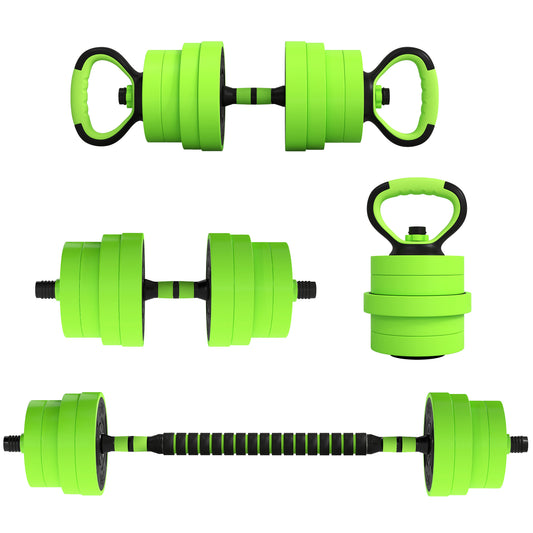 PURE 30kg Four-In-One Adjustable Weight Dumbbells Set, Barbell, Kettlebell, Push Up Stand - Green