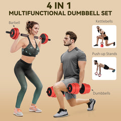 PURE 30kg Four-In-One Adjustable Weight Dumbbells Set, Barbell, Kettlebell, Push Up Stand - Red