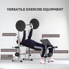 PURE Adjustable Weight Bench with Squat Rack, Heavy Duty Bench Press Rack with Preacher Curl Pad, Leg Developer, Barbell Rack, Butterfly, Home Gym Strength Training Multiuse Workout Bench, Grey