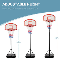 PURE Portable Basketball Stand 175-215cm Adjustable Height Sturdy Rim Hoop w/ Large Wheels Stable Base Net Free Standing