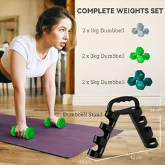 PURE Dumbbells Set with Storage Rack, 2 x 1kg, 2 x 3kg, 2 x 5kg, Grey