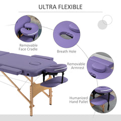 PURE Portable Massage Bed, Folding Spa Beauty Massage Table with 2 Sections, Carry Bag and Wooden Frame, Purple
