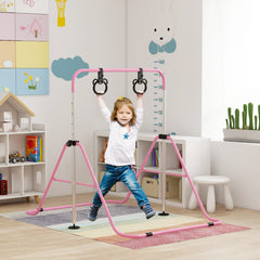 PURE Adjustable Height, Foldable Kids Gymnastics Bar w/ Non-slip Rubber Floor Rings, for 3+ Years, Pink