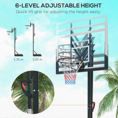 PURE Six-Level Height Adjustable Freestanding Basketball Hoop and Stand with Wheels, 2.35-3.05m