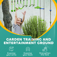 PURE Obstacle course for Kids, with 10-Piece Slackline Kit with Monkey Bars, Gym Rings, Rope Ladder, Nest Swing, Hanging Tray