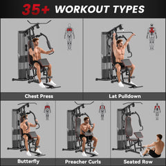 PURE Multifunctional Home Gym Equipment Workout Station, Chest Station, Butterfly Press & Leg Developer, 45kg Weight Stack Multi Gym Machine Fitness Equipment for Full Body Fitness