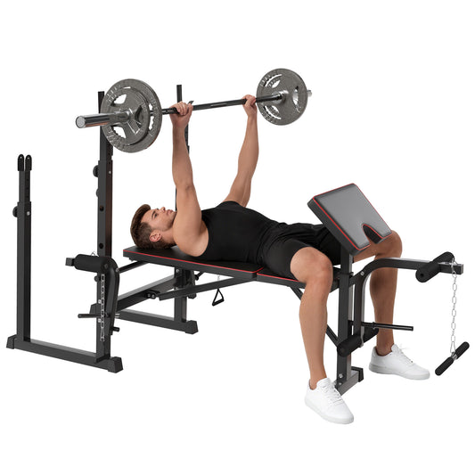PURE Weight Bench with Two Barbell Racks, Leg Curl Machine, Preacher Curl Bench, Black