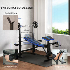 PURE Adjustable Weight Bench with Leg Extension, Barbell Rack, Preacher Curl Pad, Butterfly, Multi-Function Home Gym Bench for Strength Training, Blue