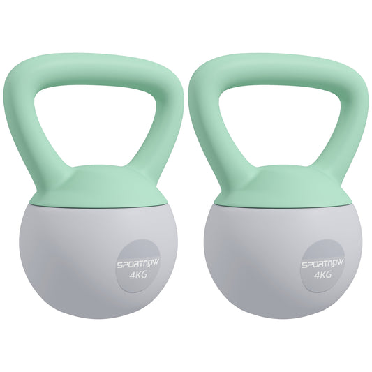 PURE 2 x 4kg Soft Kettlebell, Kettle Bell with Non-Slip Handle, for Home Gym, Strength Training, Cardio - Grey and Green