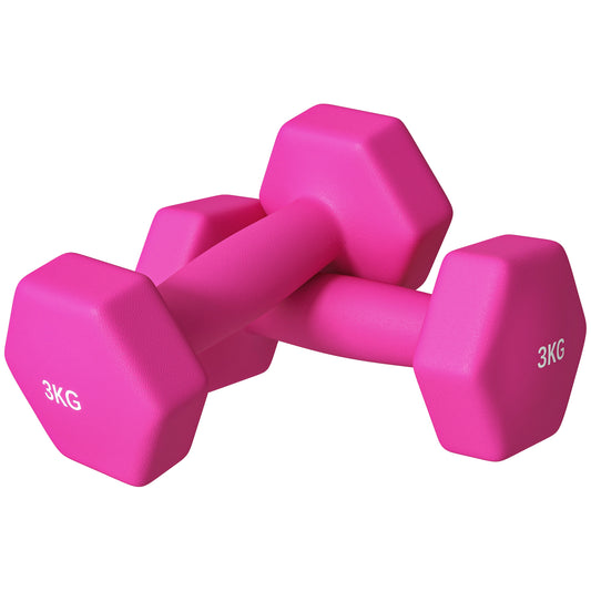 PURE 2 x 3kg Hexagonal Dumbbells Weights Set with Non-Slip Grip for Home Gym Workout, Pink