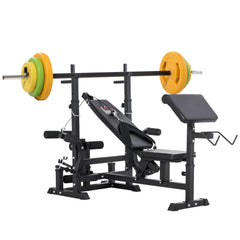 PURE Weight Bench with Adjustable Barbell Rack, Leg Extension, Preacher Curl Pad and 20kg Barbell Set