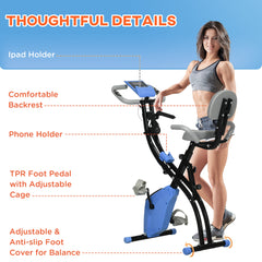 PURE 2-in-1 Folding Exercise Bike with 8-Level Magnetic Resistance, Arm Resistance Band, Pulse Sensor, Blue