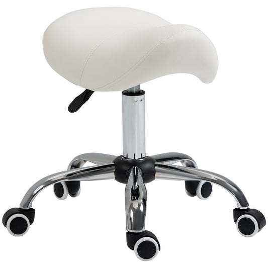 PURE Cosmetic Stool 360° Rotate Height Adjustable Salon Massage Spa Chair Hydraulic Rolling Faux Leather Saddle Stool, Cream