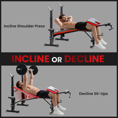 PURE Adjustable Weight Bench with Leg Extension, Barbell Rack, Preacher Curl Pad, Butterfly, Multi-Function Home Gym Bench for Strength Training, Red