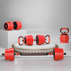 PURE 30kg Four-In-One Adjustable Weight Dumbbells Set, Barbell, Kettlebell, Push Up Stand - Red