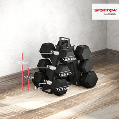 PURE Hex Dumbbell Set with Weights Storage Rack, Rubber Coated Dumbbells, Non-Slip Chrome Handles, Space-Saving for Home Gym Weight Lifting Strength Training, 2 x 2kg, 2 x 5kg, 2 x 8kg