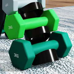 PURE Dumbbells Set with Storage Rack, 2 x 1kg, 2 x 2kg, 2 x 3kg, Grey