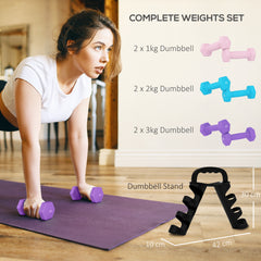 PURE Dumbbells Set with Storage Rack, 2 x 1kg, 2 x 2kg, 2 x 3kg, Pink