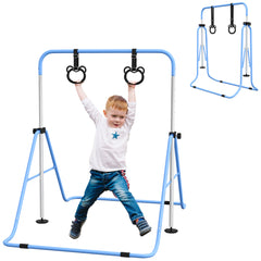 PURE Adjustable Height, Foldable Kids Gymnastics Bar w/ Non-slip Rubber Floor Rings, for 3+ Years, Blue