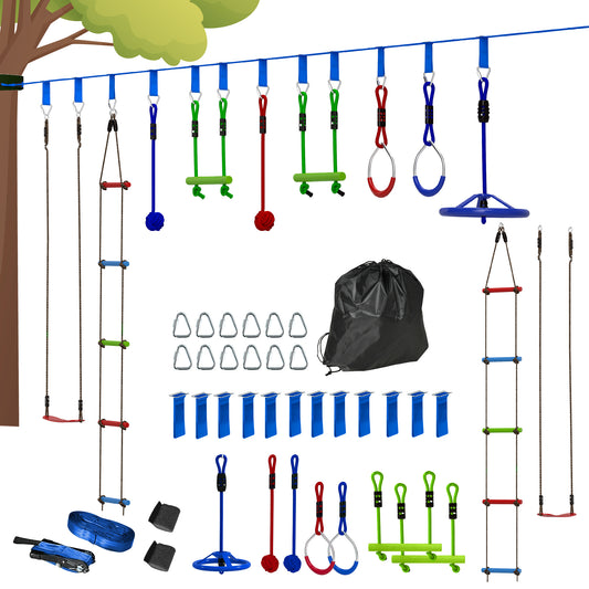 PURE 10-Piece Zip Line Kit for Kids with 10m Slackline, Monkey Bars, Swing, Climbing Ladder, Hanging Tray, Metal Rings