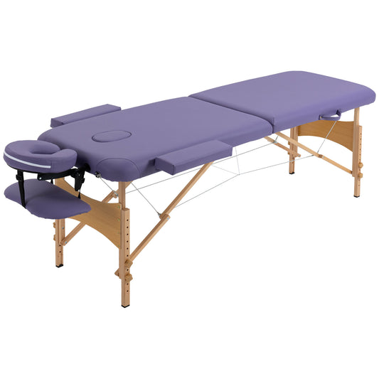 PURE Portable Massage Bed, Folding Spa Beauty Massage Table with 2 Sections, Carry Bag and Wooden Frame, Purple