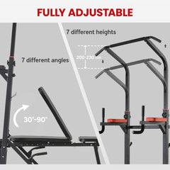 PURE Pull Up Station with Adjustable Weight Bench, Dip Station and Barbell Rack, Multi-Function Power Tower Free Standing Pull Up Bar for Home Gym