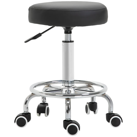 PURE Round Rolling Stool, PU Leather Height Adjustable Stool Chair with Wheels and Swivel Seat for Salon, Massage, Spa, Home Kitchen, Black