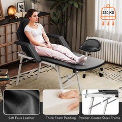 PURE Portable Massage Table, 3 Section Adjustable Beauty Bed, Foldable Massage Bed with Face Hole, Recliner Chair with Removable Headrest and Armrests for Spa, Lash, Tattoo, Black
