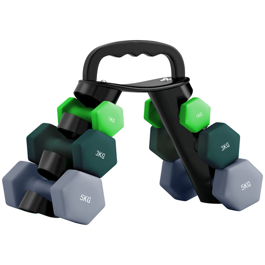 PURE Dumbbells Set with Storage Rack, 2 x 1kg, 2 x 3kg, 2 x 5kg, Green