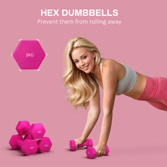 PURE Set of 6 Hex Dumbbells, Neoprene Weights Pair with Non-Slip Grip, Home Gym Fitness Training Equipment, 2 x 3kg, 2 x 4kg, 2 x 5kg, Pink, Purple, Green