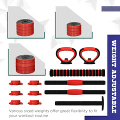 PURE 20kg Four-In-One Adjustable Weight Dumbbells Set, Barbell, Kettlebell, Push Up Stand - Red