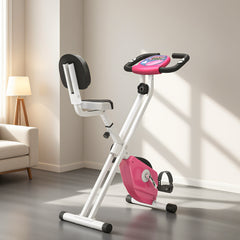 PURE Folding Exercise Bike, Fitness Bicycle Indoor Trainer, 8-Level Magnetic Resistance Adjustable, with LCD Monitor, Pulse Sensor, Pink