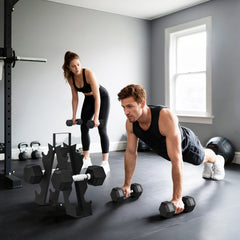 PURE Hex Dumbbell Set with Weights Storage Rack, Rubber Coated Dumbbells, Non-Slip Chrome Handles, Space-Saving for Home Gym Weight Lifting Strength Training, 2 x 2kg, 2 x 5kg, 2 x 8kg