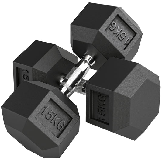 PURE 2x15KG Rubber Hex Dumbbell Portable Hand Weights Dumbbell Home Gym
