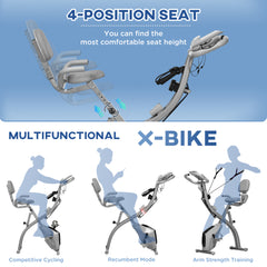 PURE 2-in-1 Folding Exercise Bike with 8-Level Magnetic Resistance, Arm Resistance Band, Pulse Sensor, Grey