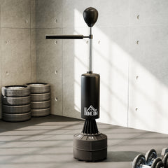 PURE 155-205cm 3-IN-1 Freestanding Boxing Punching Bag Stand, Boxing Speed Trainer with Rotating Flexible Arm, Speed Ball, Fillable Base, Black
