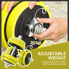 PURE 20KGS 2-In-1 Dumbbell & Barbell Adjustable Set Strength Muscle Exercise Fitness Plate Bar Clamp Rod Home Gym Sports Area, Yellow